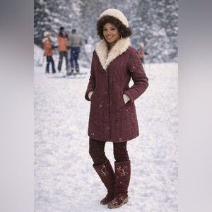 Vintage 70’s / Fingerhut Fashions - maroon puffer coat with faux fur collar